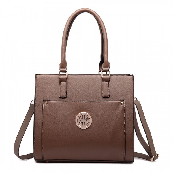 LT1650 - Miss Lulu Textured Leather Look Square Pocket Shoulder Handbag Brown